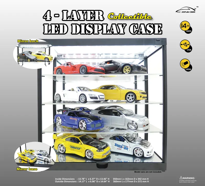 1:18/1:24 Display Case 4-Layer W/ Led Lights -- Black -- King Creations 1