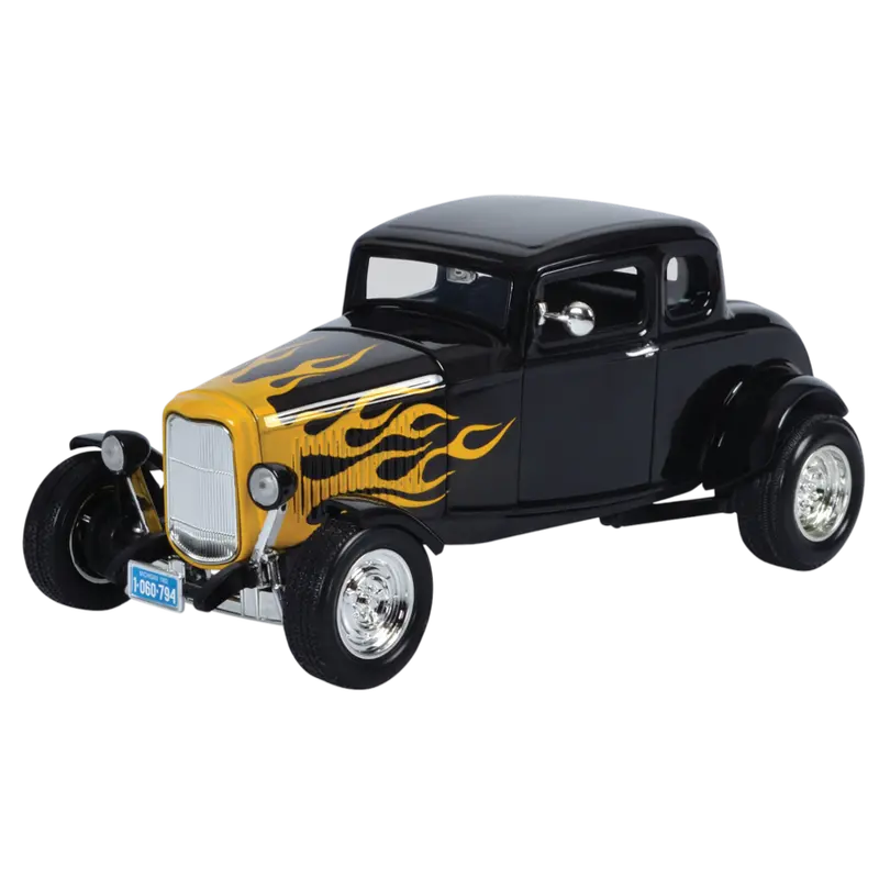 1:18 1932 Ford 5-Window Coupe Hot Rod -- Black W/Flames -- Motormax 1