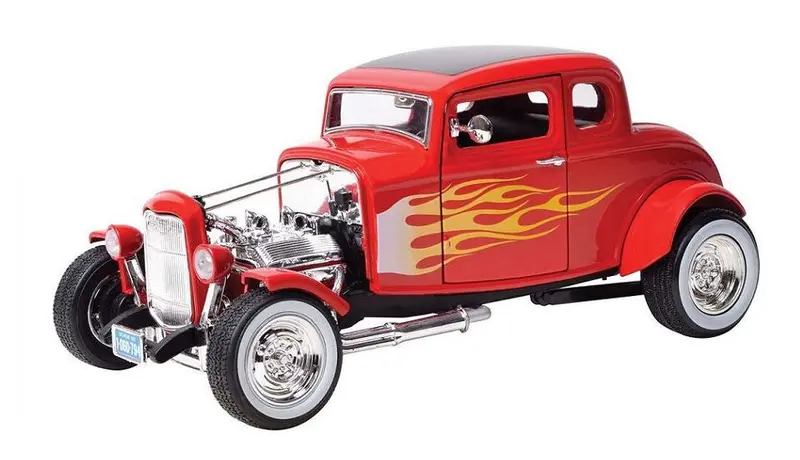 1:18 1932 Ford 5-Window Coupe Hot Rod -- Red W/Flames -- Motormax 1