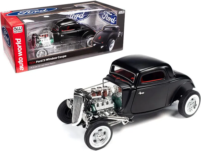 1:18 1934 Ford 3-Window Coupe Hot Rod -- Matt Black -- Auto World 1