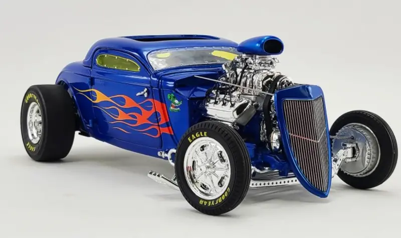 1:18 1934 Ford Blown Altered Coupe -- Blue W/Flames "Rat Fink" -- Acme Hot Rod 1