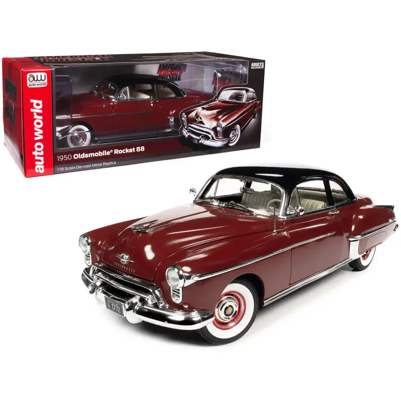 1:18 1950 Oldsmobile Rocket 88 -- Chariot Red W/ Black Top -- American Muscle 1