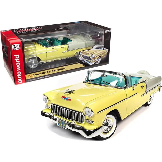 1:18 1955 Chevrolet Bel Air Convertible -- Yellow/Ivory -- American Muscle 1