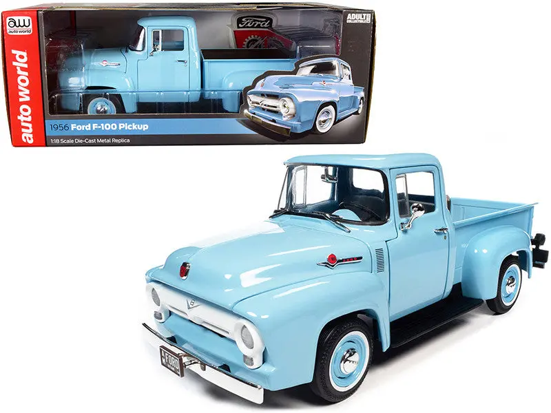 1:18 1956 Ford F-100 Mild Custom Pickup Truck -- Diamond Blue -- Auto World 1