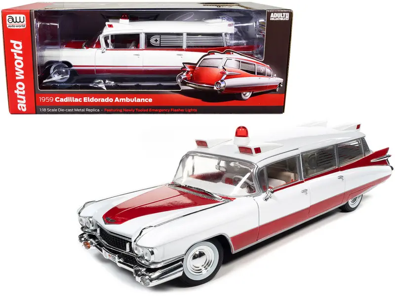 1:18 1959 Cadillac Eldorado Ambulance -- Red/White -- Auto World 1