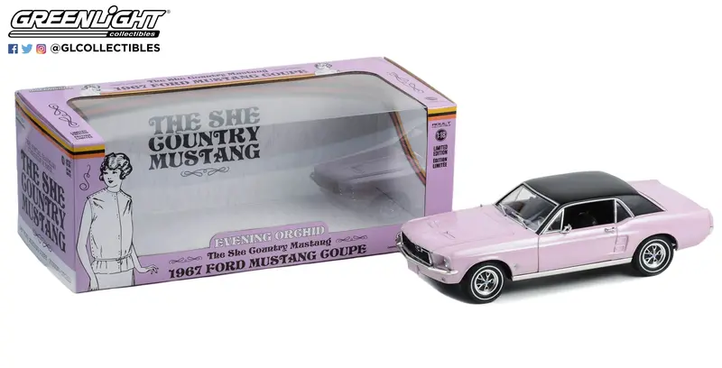 1:18 1967 Ford Mustang Coupe -- Evening Orchid (Pink) -- Greenlight 1