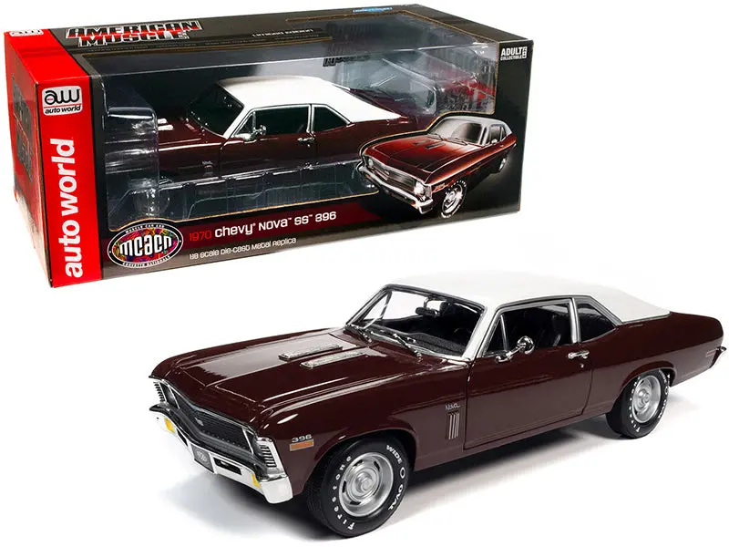 1:18 1970 Chevrolet Nova Ss 396 - Black Cherry Red W/White Top - American Muscle 1
