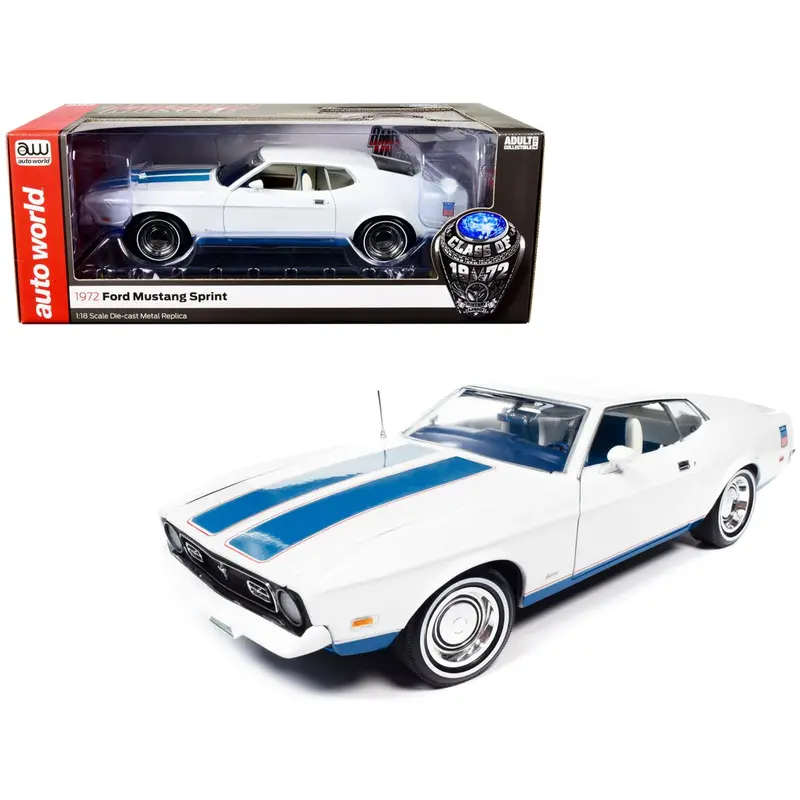 1:18 1972 Ford Mustang Sprint -- White W/ Blue Stripes -- American Muscle 1