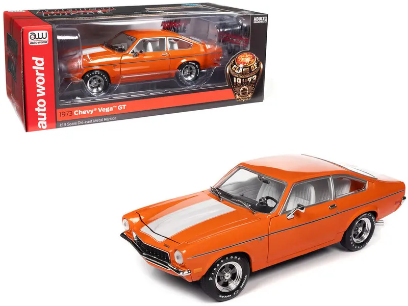 1:18 1973 Chevrolet Vega Gt -- Bright Orange W/ White Stripes -- American Muscle 1