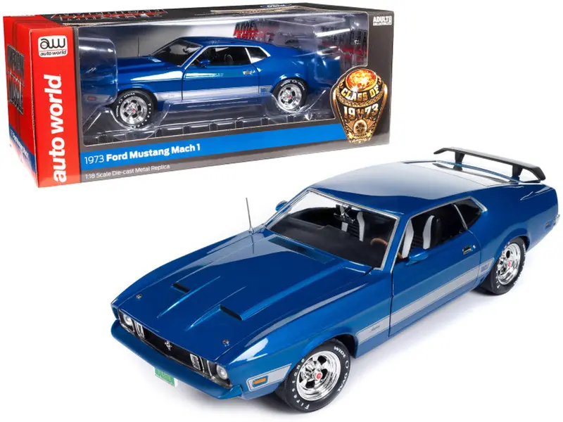 1:18 1973 Ford Mustang Mach 1 -- Blue Glow W/ Silver Stripes -- American Muscle 1