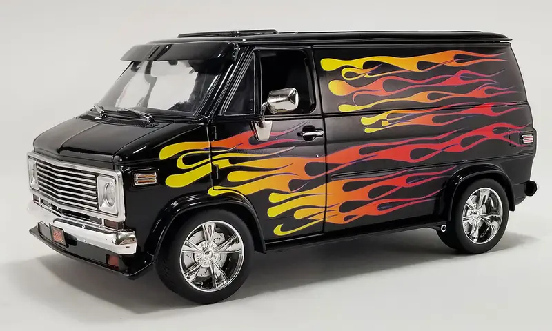 1:18 1976 Chevrolet G-Series Van -- The Hot Box (Black W/Flames) -- Acme 1