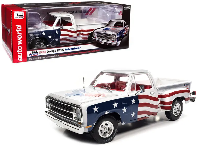 1:18 1980 Dodge Stepside Pickup Truck -- American Flag Patriotic -- Auto World 1