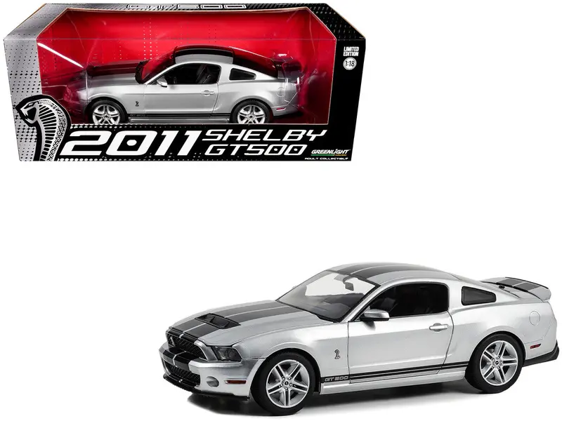 1:18 2011 Shelby Gt500 Mustang -- Silver W/Black Stripes -- Greenlight Ford 1