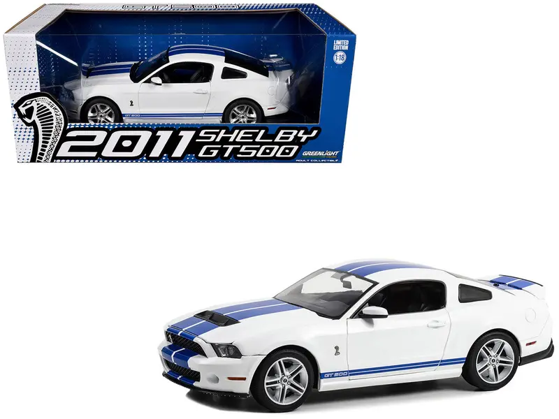 1:18 2011 Shelby Gt500 Mustang -- White W/Blue Stripes -- Greenlight Ford 1