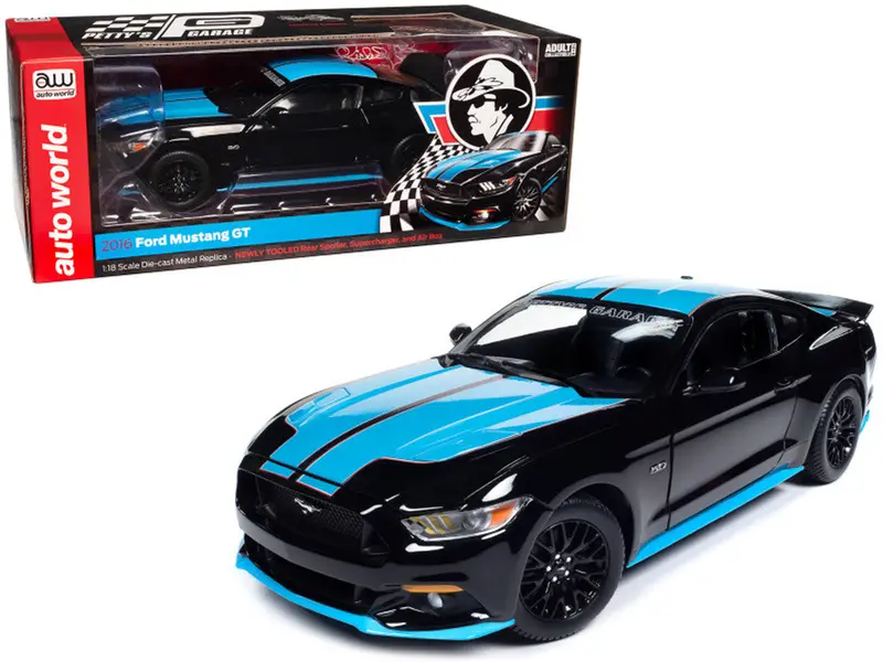 1:18 2016 Ford Mustang Petty's Garage -- Black W/Petty Blue Stripe -- Auto World 1