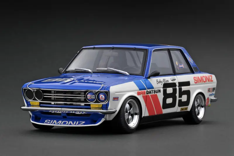 1:18 Datsun Bluebird (510) -- Bre #85 White/Blue -- Ignition Model Ig3309 1
