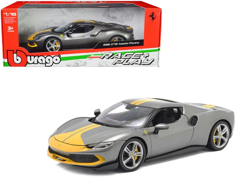 1:18 Ferrari 296 Gtb Assetto Fiorano -- Grigio Titanio (Grey)/Yellow -- Bburago 1