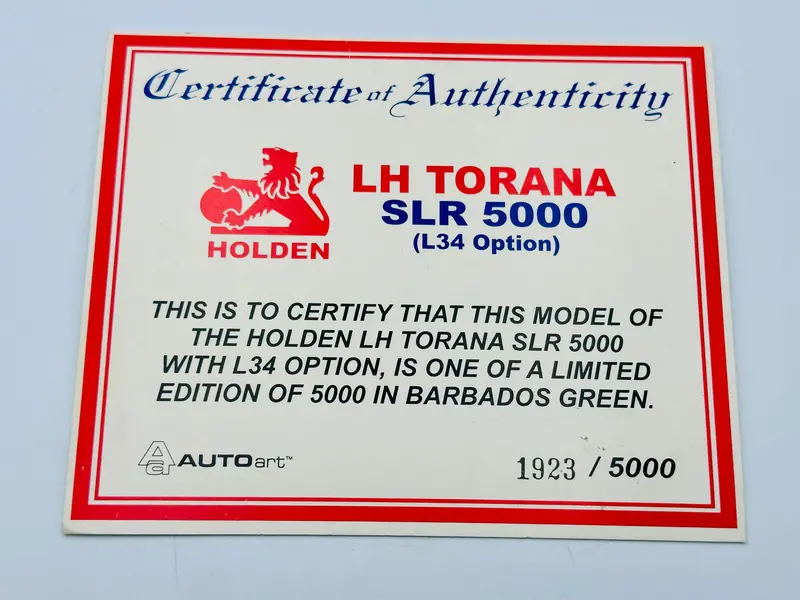 1:18 Holden Lh Torana Slr 5000 -- Barbados Green -- Coa Only -- Biante 1