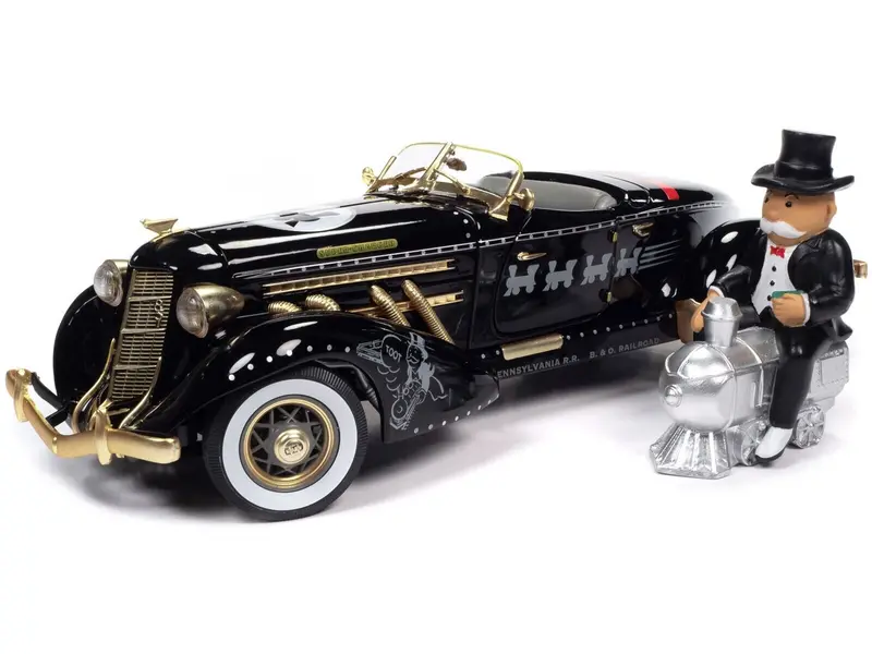 1:18 Monopoly Man W/1935 Auburn 851 Sportster -- Black/Brown -- Auto World 1