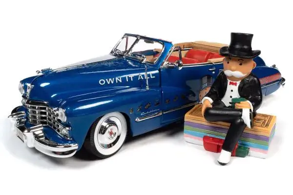 1:18 Monopoly Man W/1947 Cadillac Series 62 Soft Top -- Blue -- Auto World 1