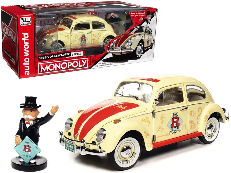 1:18 Monopoly Man W/1963 Volkswagen Beetle -- Yellow -- Auto World 1