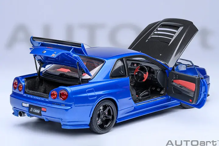 1:18 Nissan Skyline Gt-R (R34) Z-Tune -- Bayside Blue W/Carbon Hood -- Autoart 2