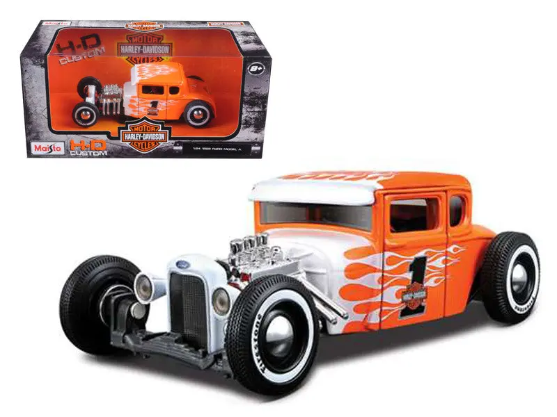 1:24 1929 Ford Model A -- #1 Harley-Davidson Orange W/White Flames -- Maisto 1