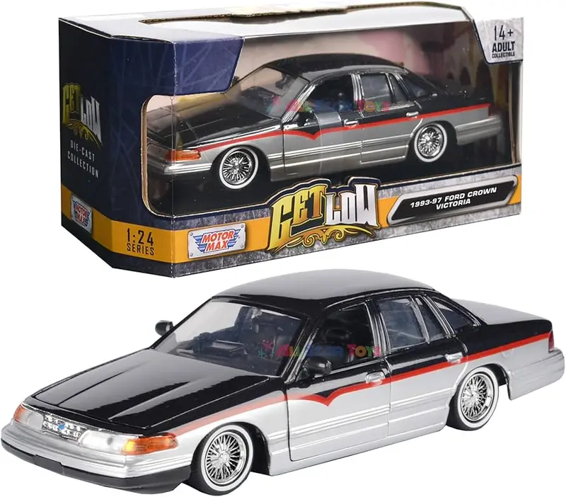1:24 1993-1997 Ford Crown Victoria Lowrider - Black / Silver -- Motormax Get Low 1