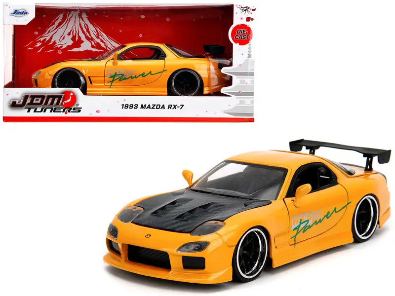 1:24 1993 Mazda Rx-7 -- "Hks Power" Yellow W/ Carbon Hood -- Jada: Jdm Tuners 1