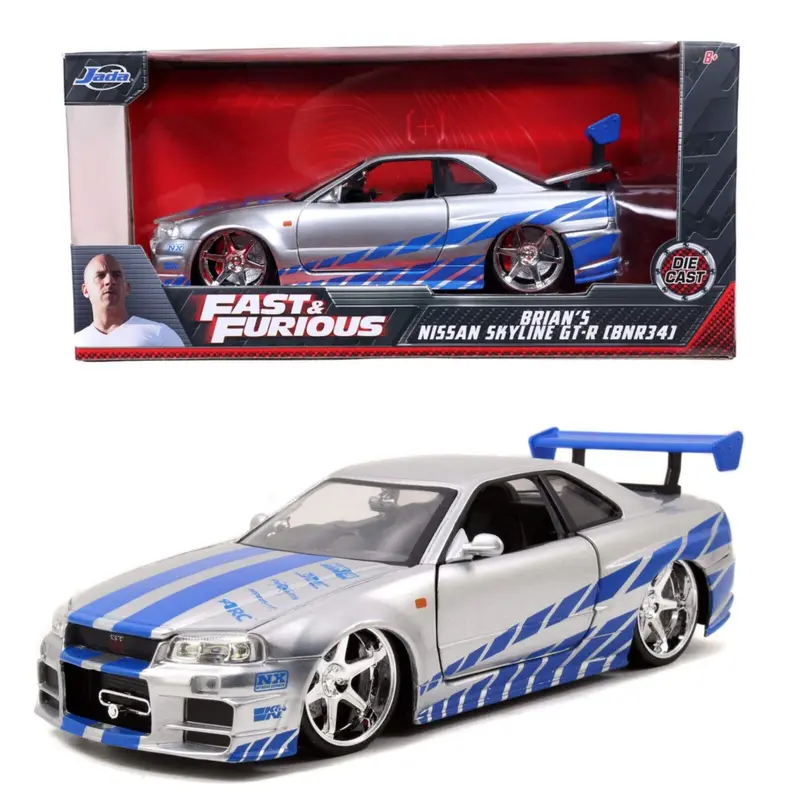 1:24 Brian's Nissan Skyline R34 Gt-R -- Silver/Blue -- Fast & Furious Jada 1