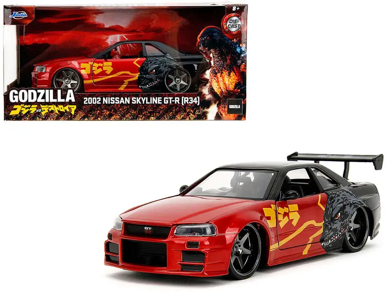 1:24 Godzilla W/Nissan Skyline R34 Gt-R -- Red/Black -- Jada 1