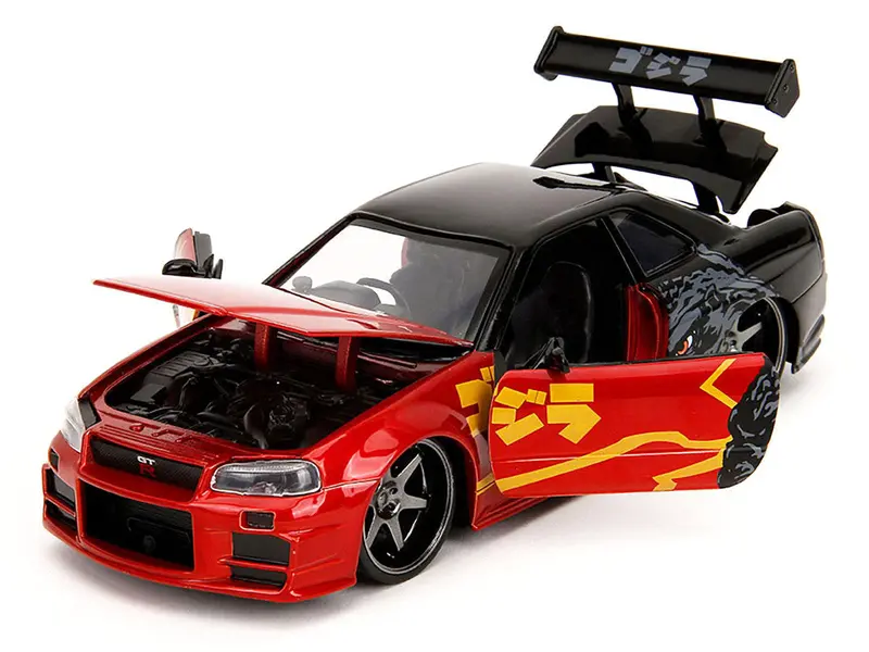 1:24 Godzilla W/Nissan Skyline R34 Gt-R -- Red/Black -- Jada 2