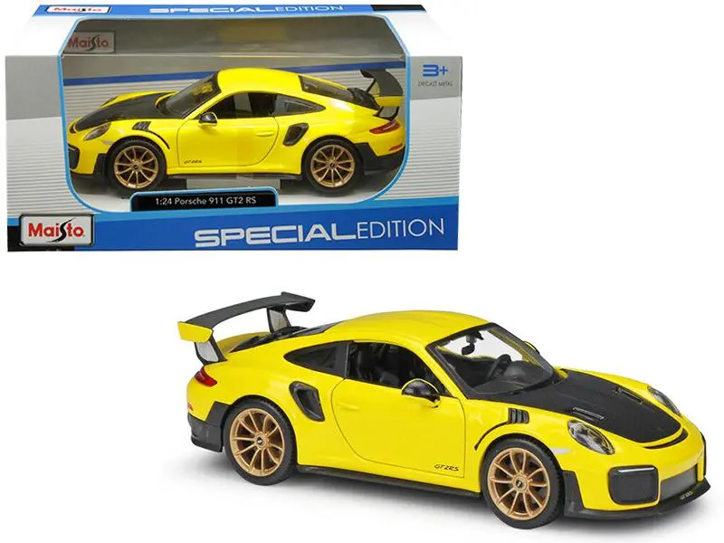 1:24 Porsche 911 Gt2 Rs -- Yellow W/Carbon Hood & Gold Wheels -- Maisto 1