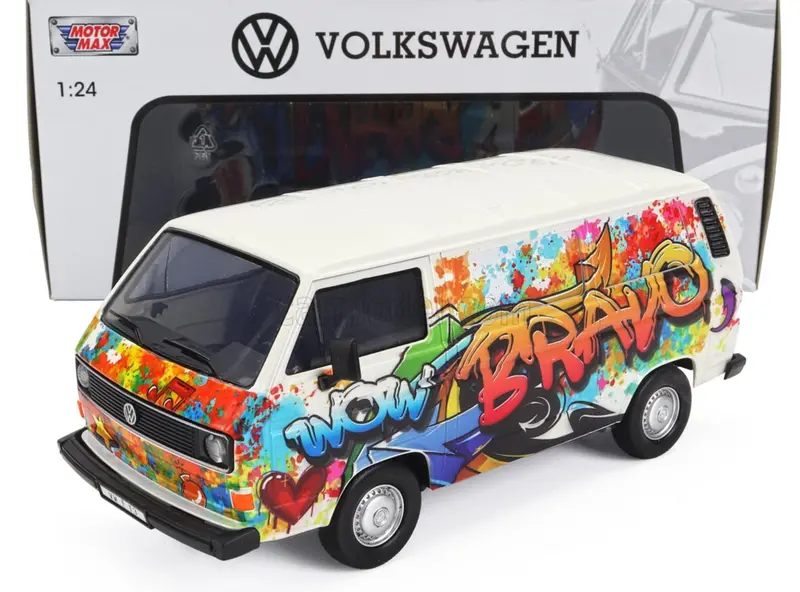 1:24 Volkswagen T3 Van -- "Wow Bravo" Graffiti White -- Motormax 1