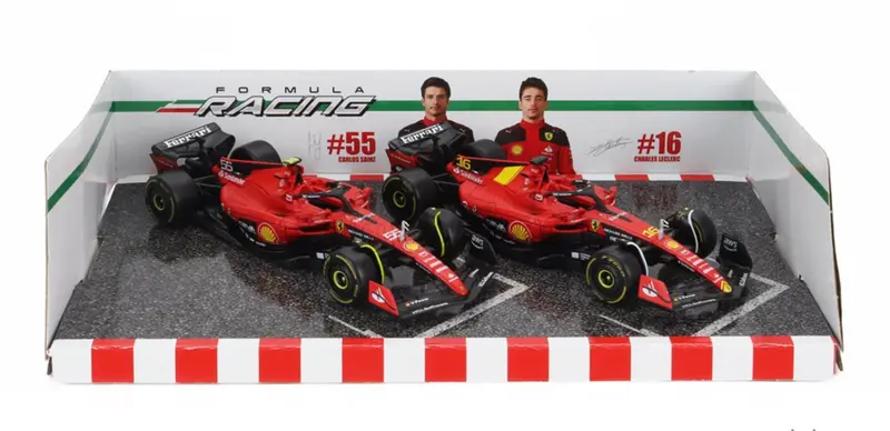 1:43 2023 Ferrari F1 Team 2-Pack Set -- Charles Leclerc/Carlos Sainz -- Bburago 1