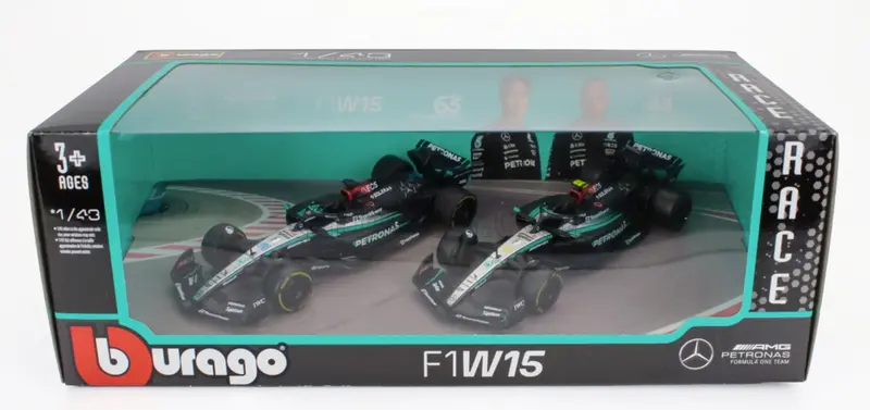 1:43 2024 Mercedes-Amg W15 F1 Team 2-Pack Set -- Hamilton/Russell -- Bburago F1 1