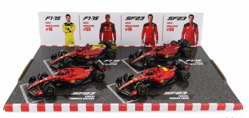 1:43 Ferrari F1 Team 4-Pack Set -- Charles Leclerc/Carlos Sainz -- Bburago F1 1