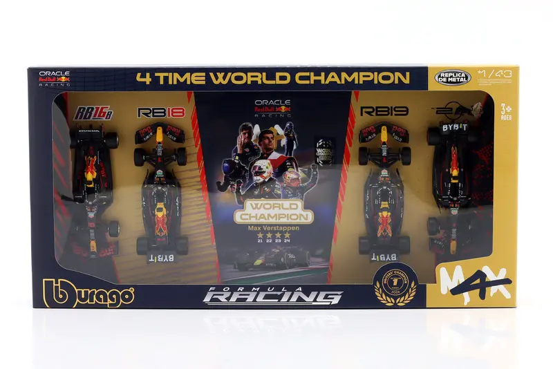 1:43 Max Verstappen 4 Time World Champion -- Red Bull 4-Pack Set -- Bburago F1 1