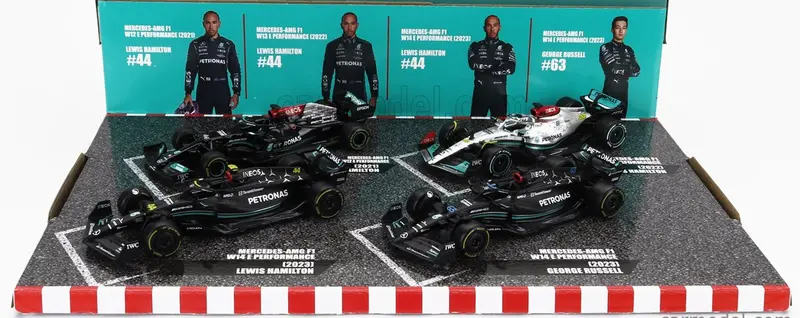 1:43 Mercedes-Amg F1 Team 4-Pack Set -- Lewis Hamilton/George Russell -- Bburago 1