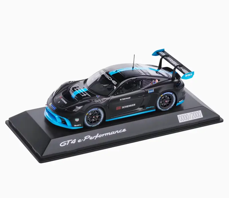 1:43 Porsche 718 Cayman Gt4 E-Performance -- Black/Blue -- Spark Dealer 1