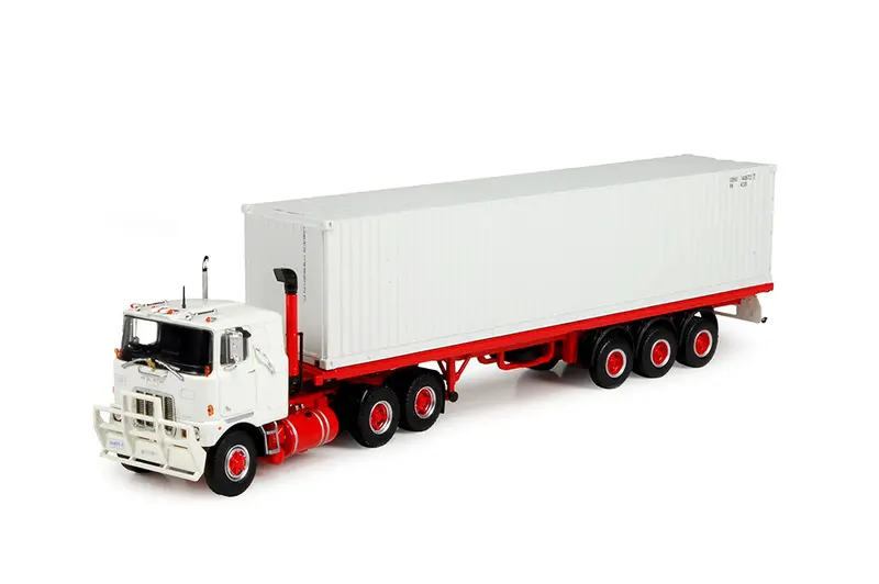 1:50 Mack F700 Truck, Flat Top Trailer, 40' Container -- White/Red -- Tekno 1