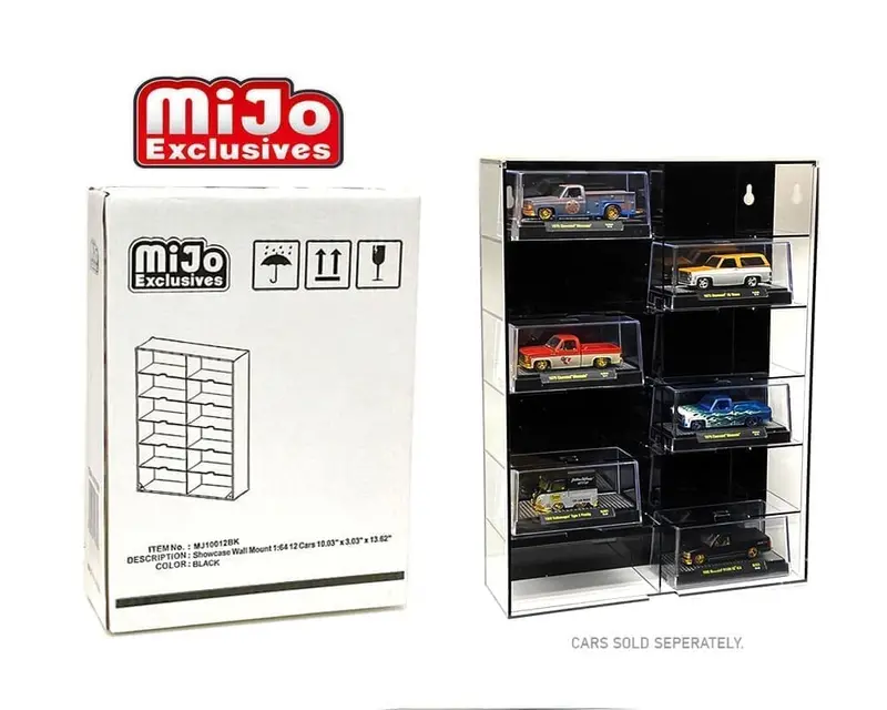 1:64 12-Car Display Case - Wall Mount - Black Back W/Cover -- Mijo Exclusives 1