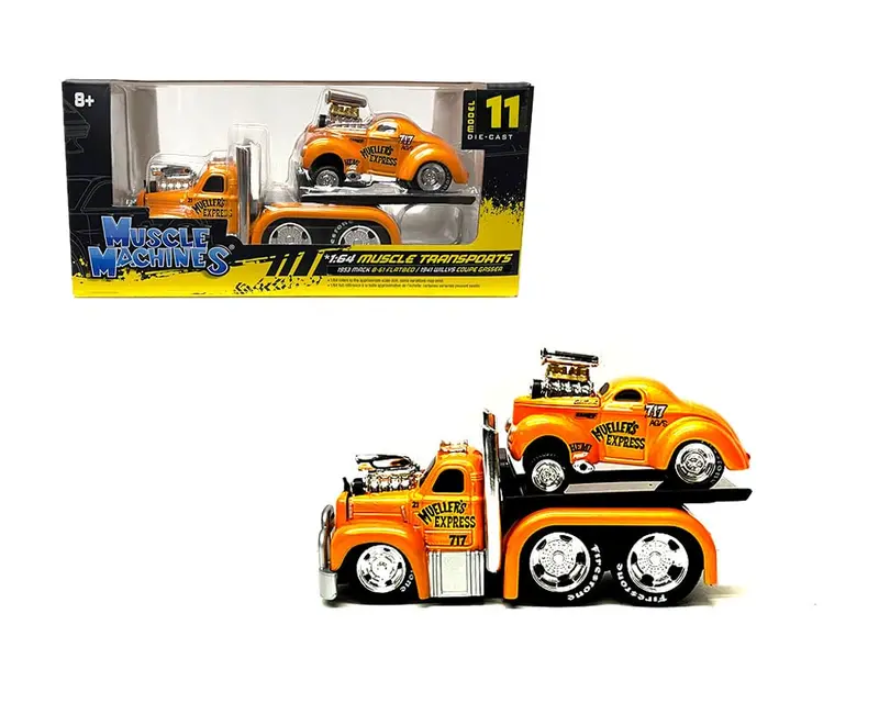 1:64 1953 Mack B-61 Flatbed & 1941 Willys Gasser -- Muscle Machines Transports 1