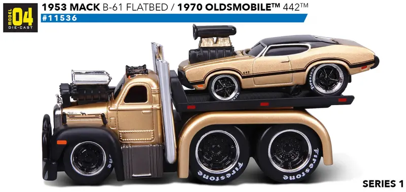 1:64 1953 Mack B-61 Flatbed & 1970 Oldsmobile 442 -- Muscle Machines Transports 1