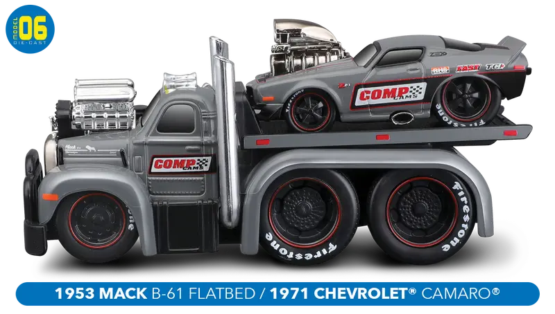 1:64 1953 Mack B-61 Flatbed & 1971 Chevrolet Camaro -- Muscle Machines Transport 1