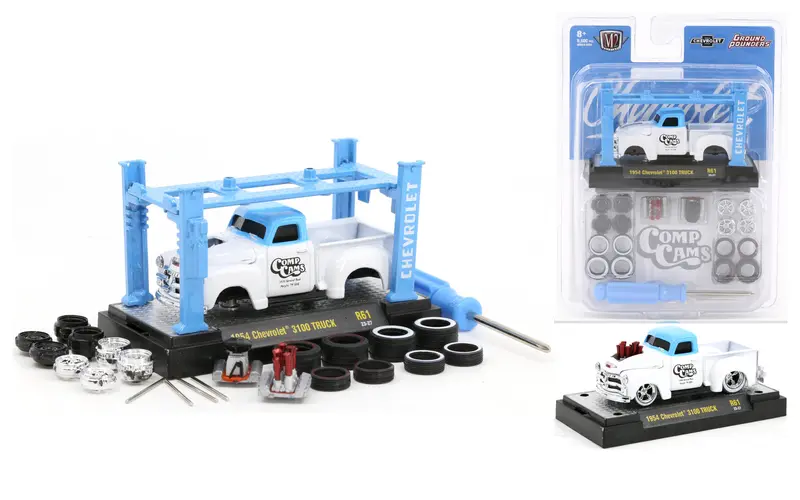 1:64 1954 Chevrolet 3100 Truck -- White/Blue Comp Cams -- M2 Machines Model Kits 1