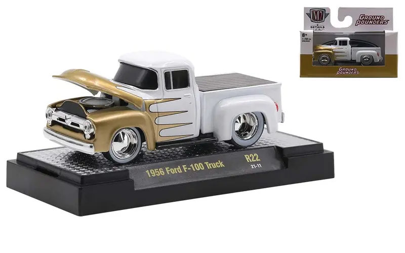 1:64 1956 Ford F-100 Truck -- White/Gold -- M2 Machines Ground-Pounders 1