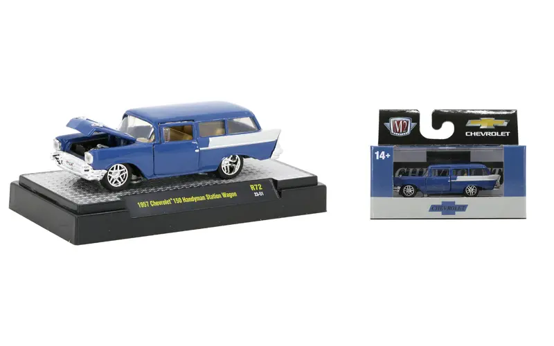 1:64 1957 Chevrolet 150 Handyman Station Wagon -- Blue/White -- M2 Machines 1