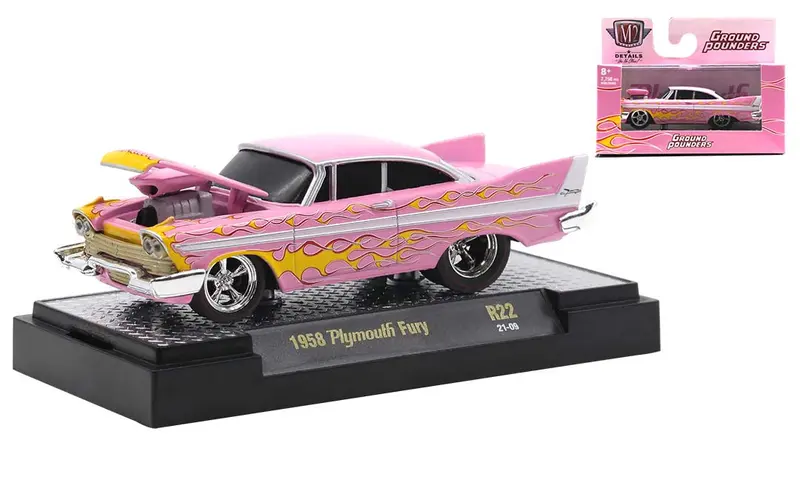 1:64 1958 Plymouth Fury -- Pink W/Flames -- M2 Machines Ground-Pounders 1