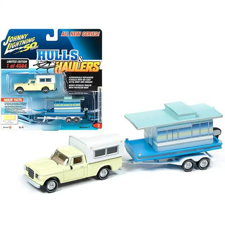 1:64 1960 Studebaker Truck (Yellow) W/Houseboat -- Johnny Lightning 1